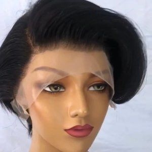 CREME DE LA CREME, 13"4 TRANSPARENT FRONTAL HUMAN HAIR PIXIE BLACK WIG-6 INCHES